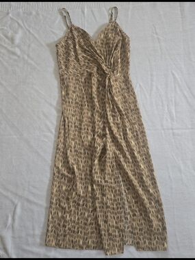 Worthington Tan Animal Print Midi Dress | Size Small | Twist Knot Front |